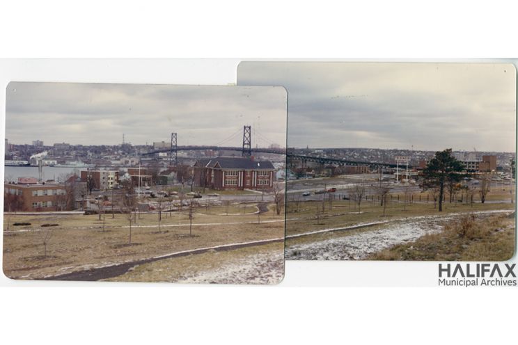 Archive photo: Park School and the Macdonald Bridge, pre-NIP — ca. 1976. Halifax Municipal Archives.